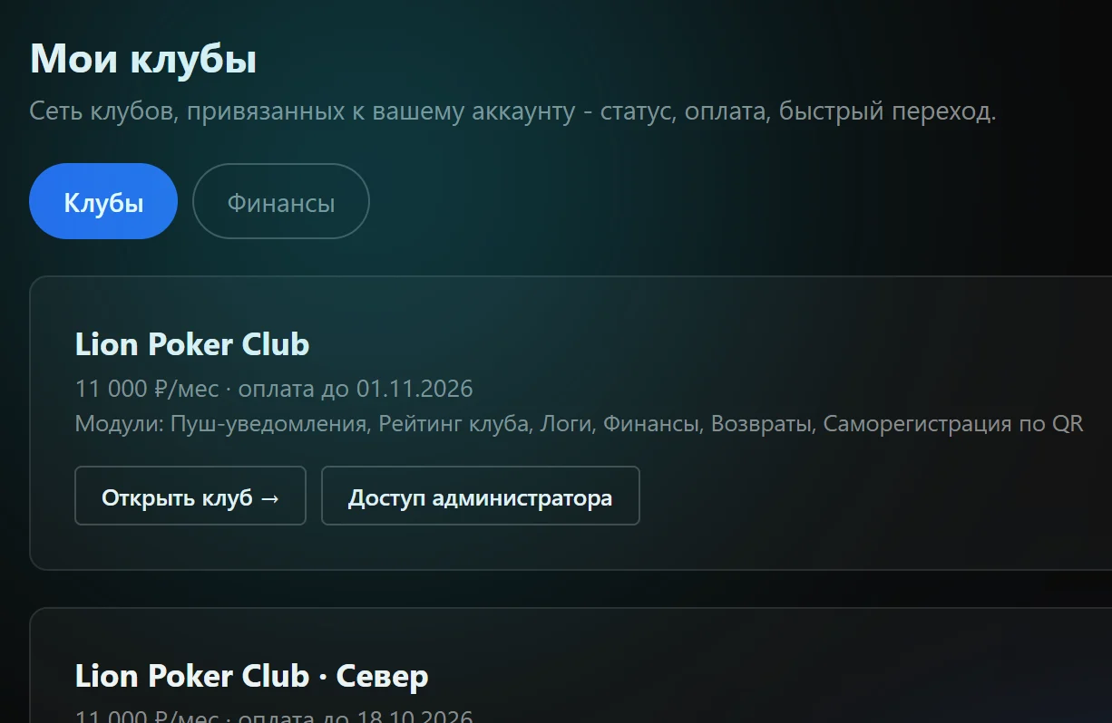 Кабинет владельца: список клубов сети